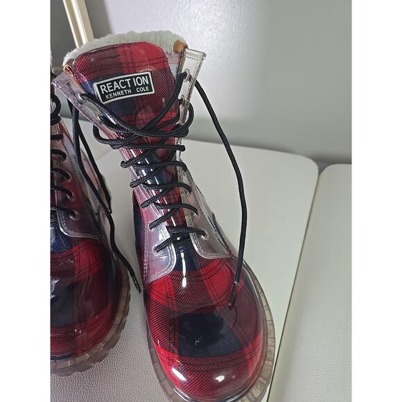 Red Plaid Baddie Combat Boots Rain Rubber Cozy Kenneth Cole Size 11 Christmas - Picture 3 of 10